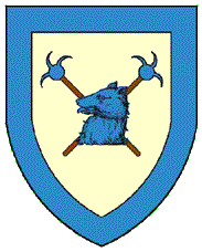 Argent, in saltire two jester's baubles proper capped and surmounted by a bear's head couped all within a bordure azure.